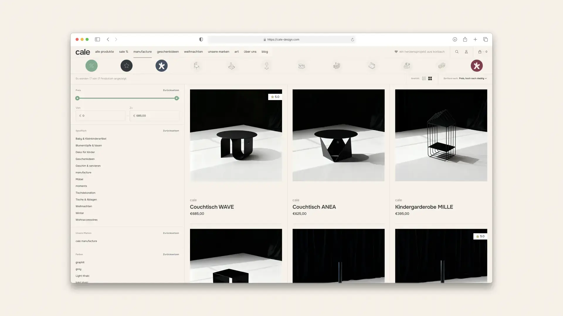cale design - Desktop Collection Page with Filtering and Sorting