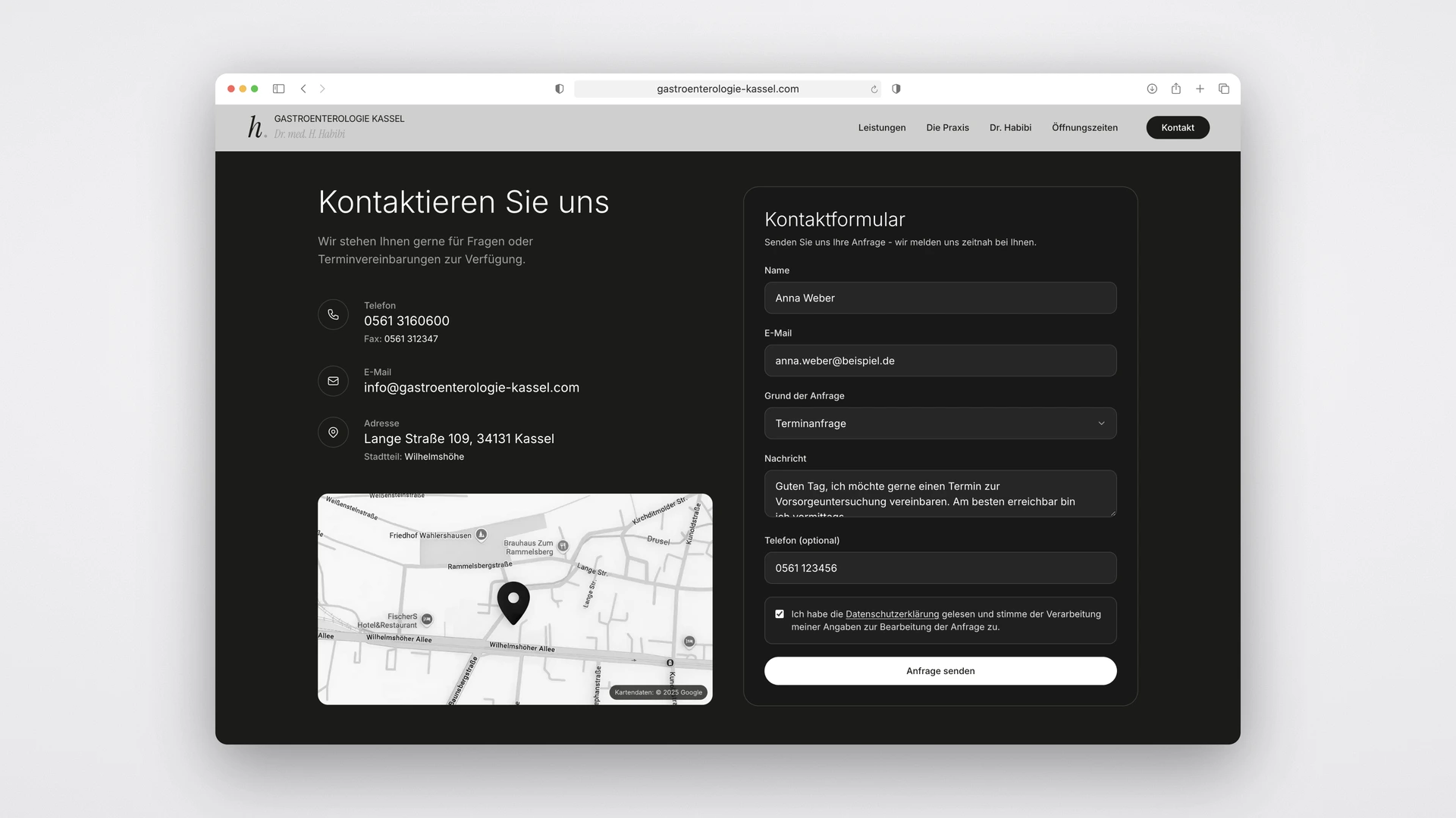 Gastroenterologie Kassel - Desktop Contact Area with Contact Form, Practice Details and Map