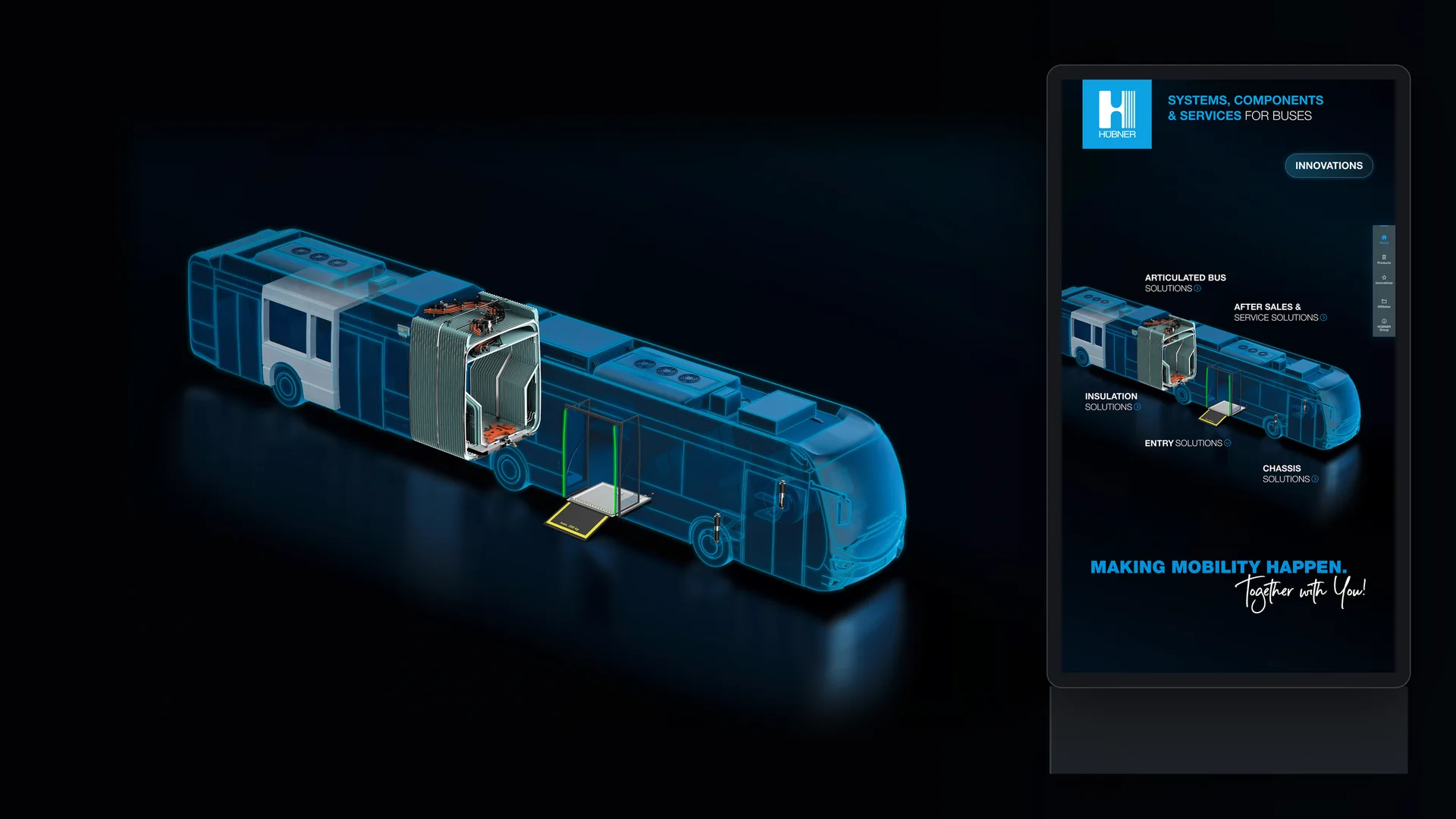 HÜBNER Group - Busworld Stele Next to the 3D Articulated Bus Rendering