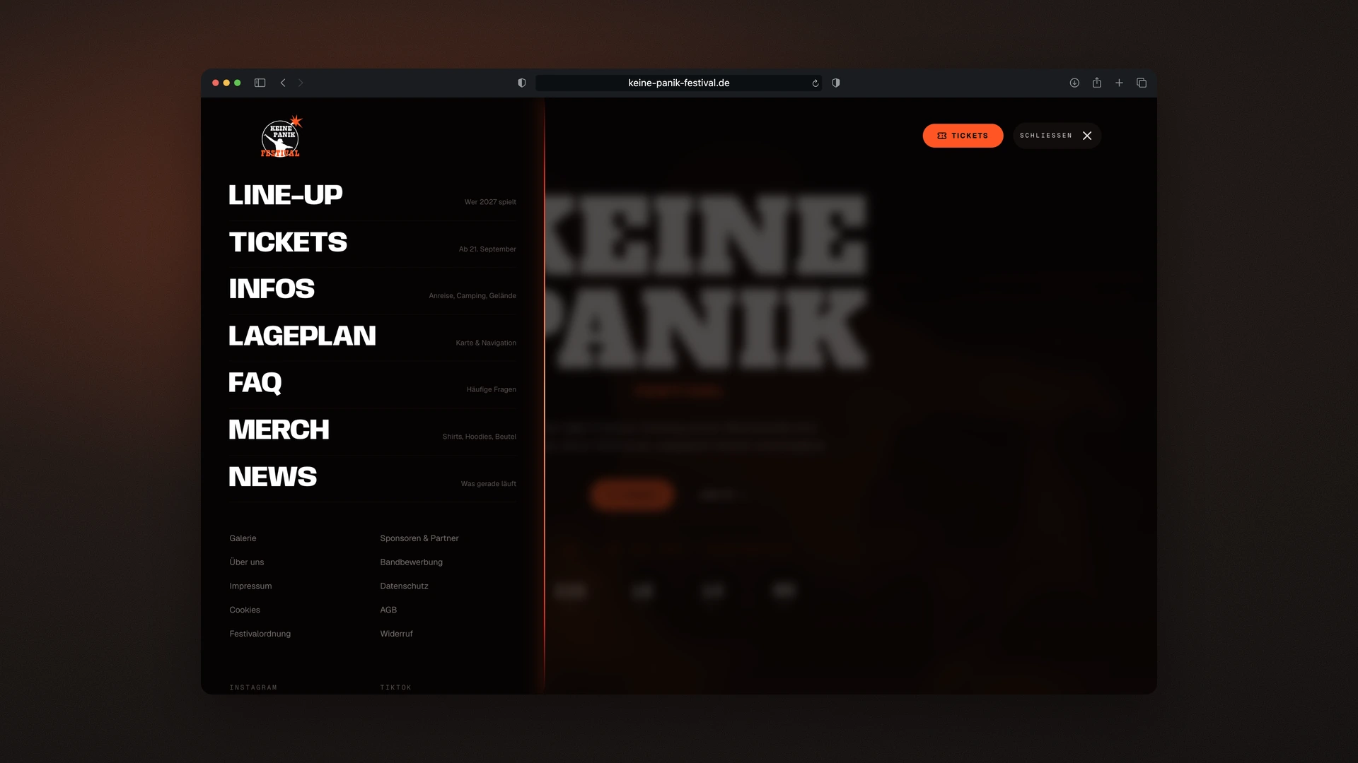 Keine Panik Festival - Desktop Menu over the Blurred Hero