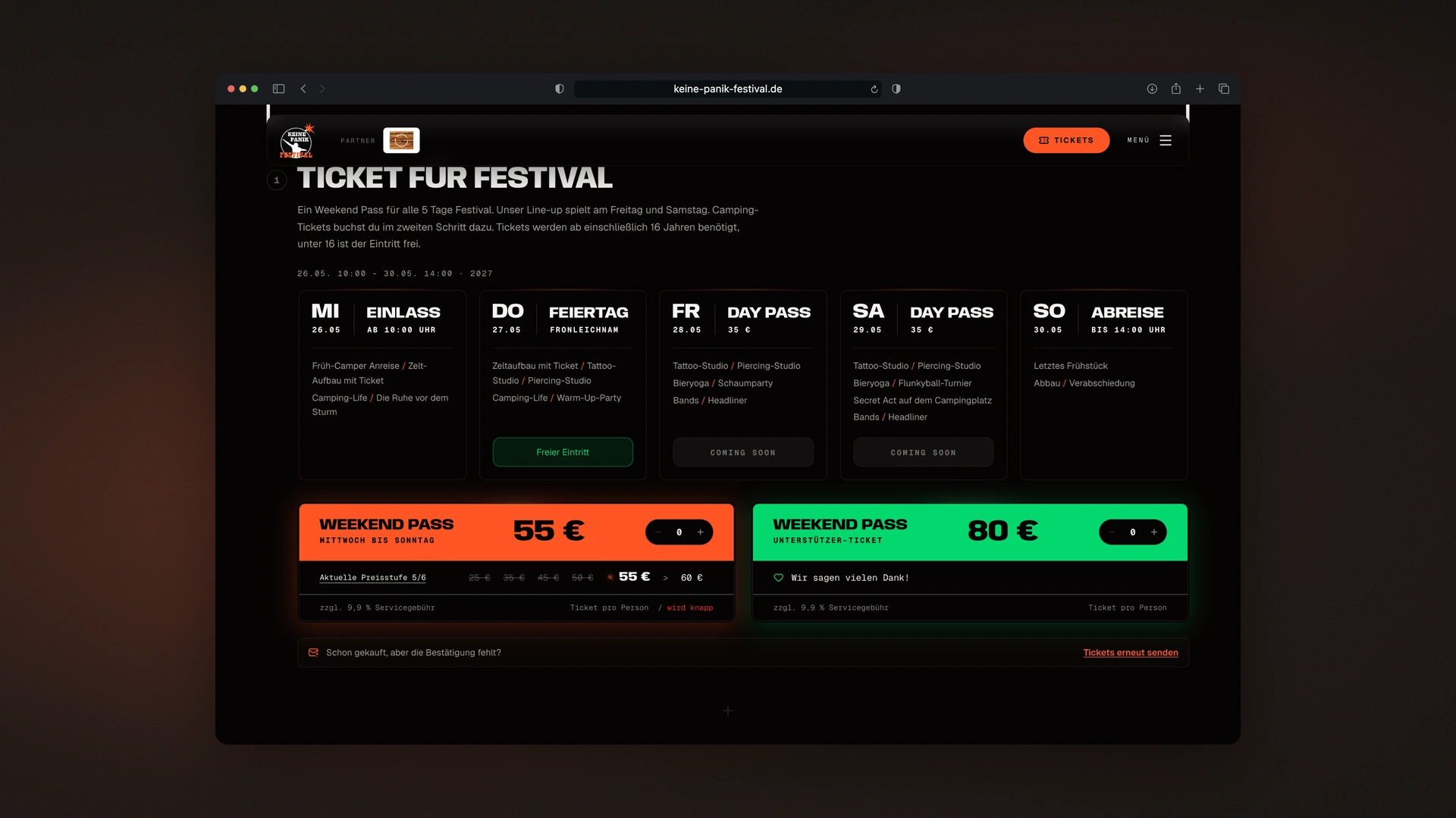 Keine Panik Festival - Desktop Festival Ticket Step with the Day Schedule and the Weekend Passes