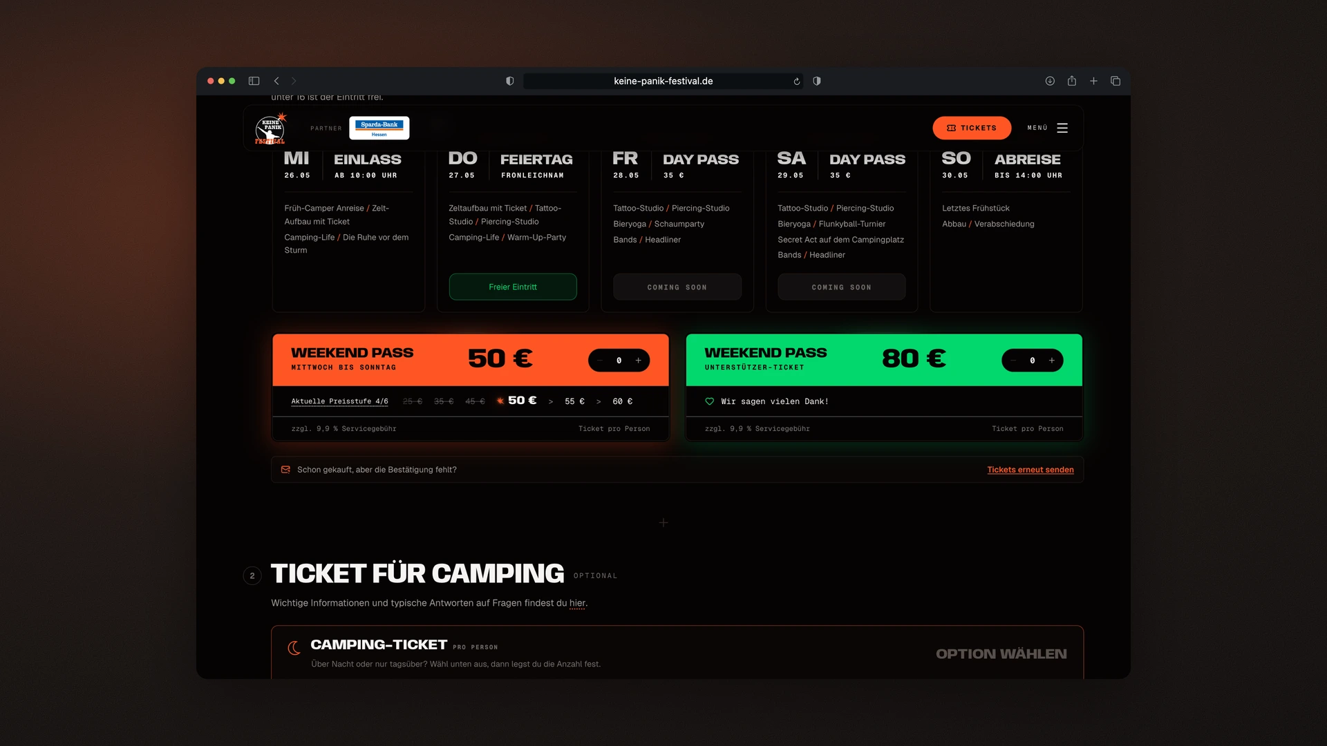 Keine Panik Festival - Desktop Ticket Flow: Weekend Passes Added, the Floating Cart Bar Opened, on to Checkout with Reserved Tickets