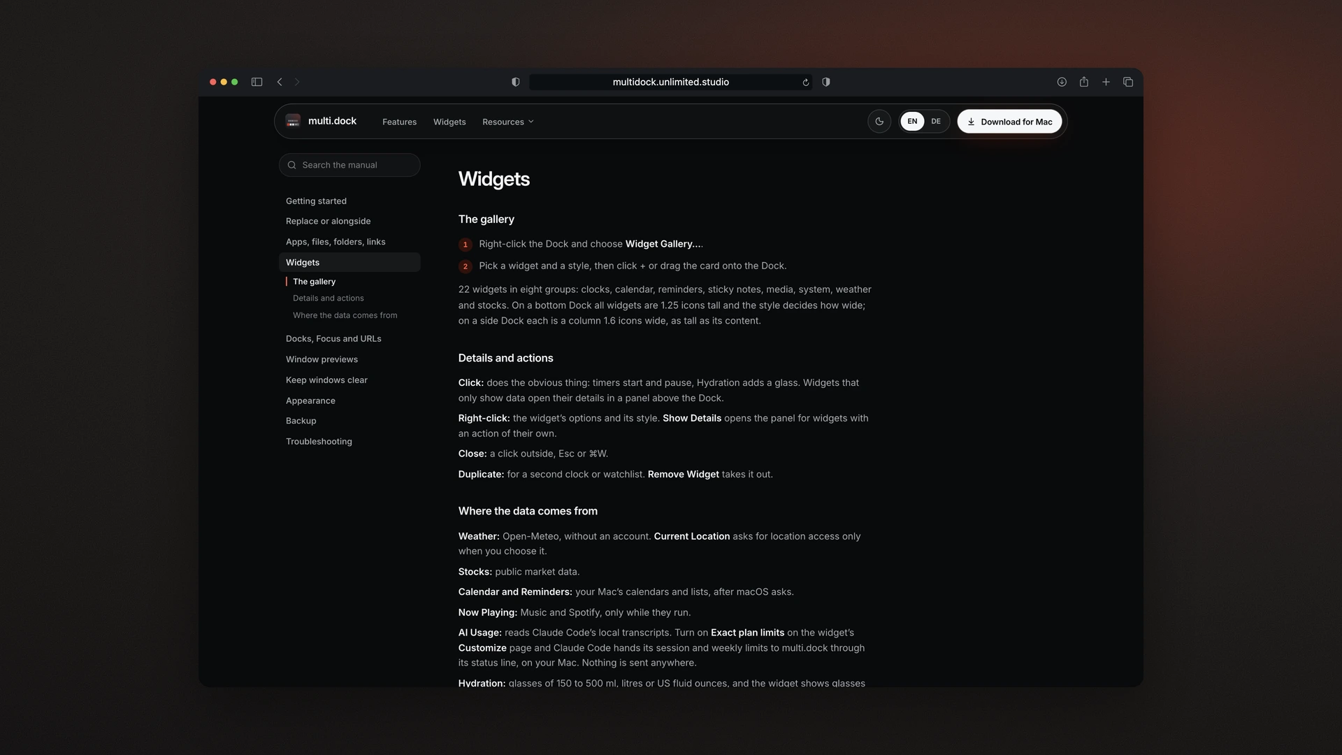 multi.dock - Desktop Manual Chapter on Widgets