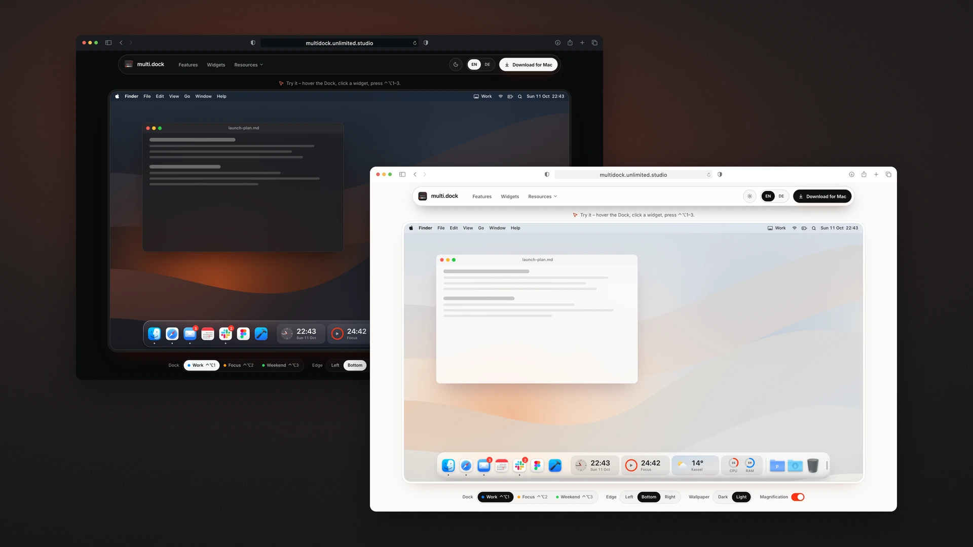 multi.dock - Desktop Hero Demo in Dark and Light Mode