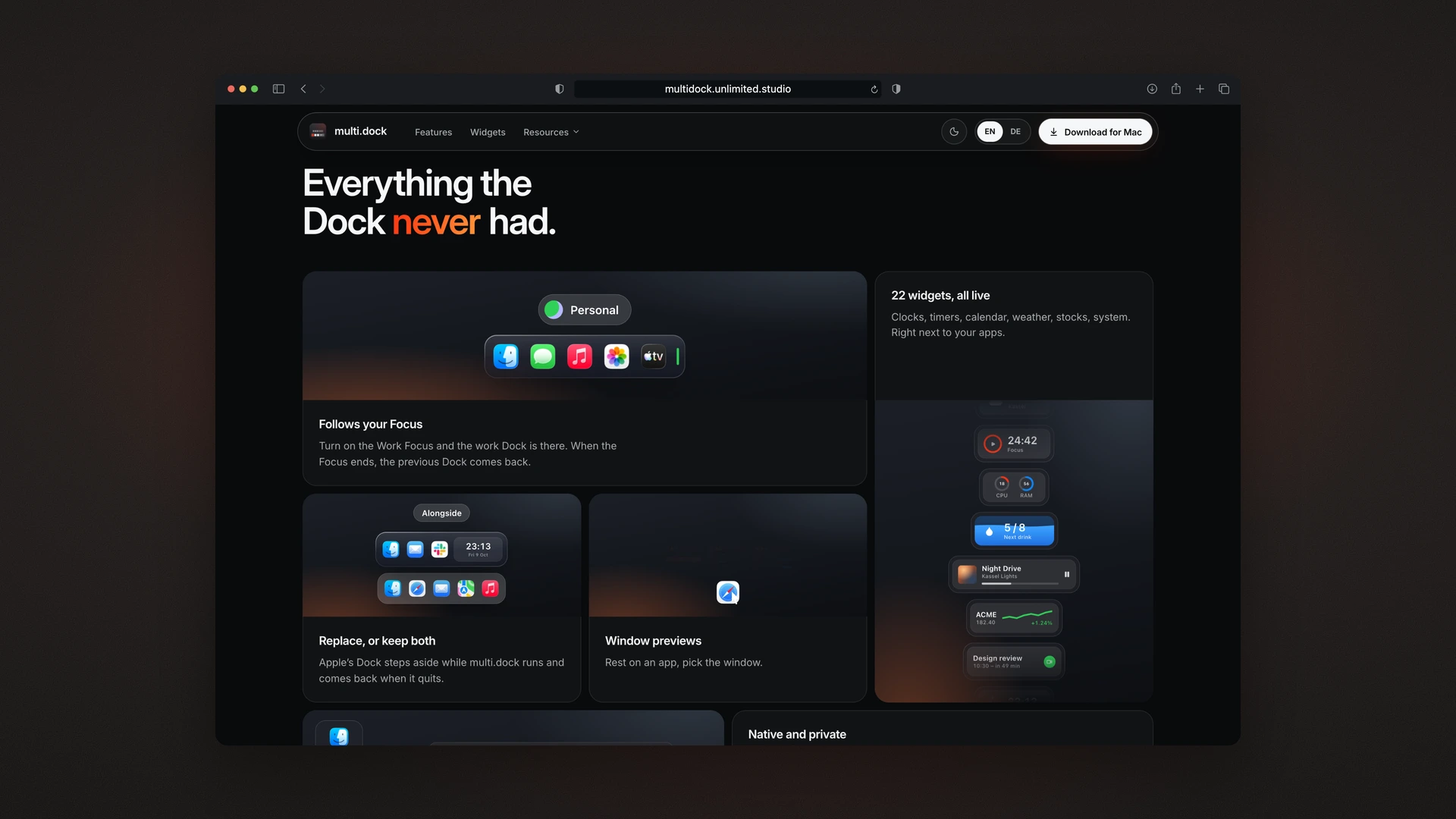 multi.dock - Desktop Bento Grid: Focus, Widgets, Replace Mode and Window Previews