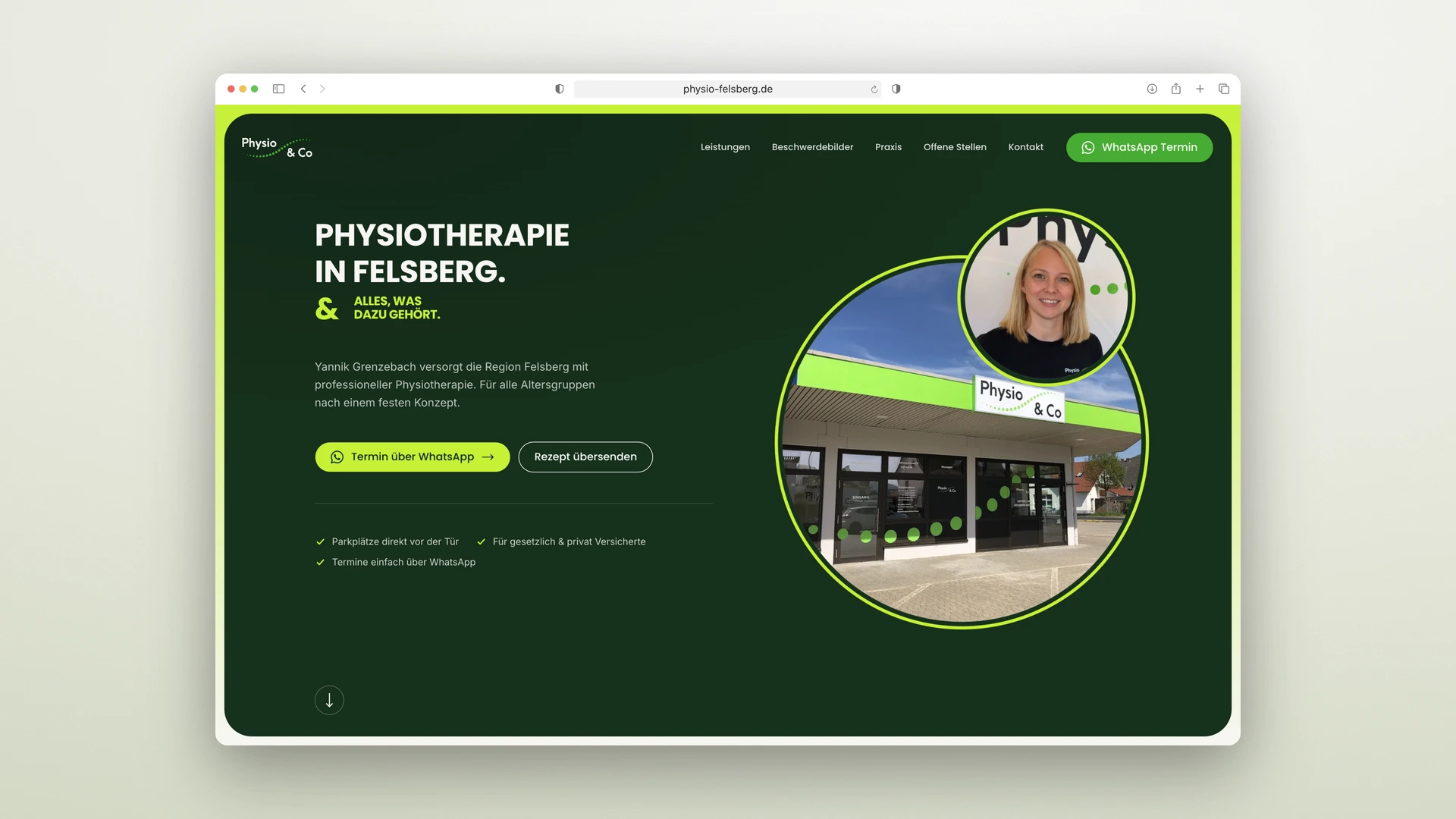Physio & Co Felsberg - Desktop Hero with Facade Photo and WhatsApp Call-to-Action