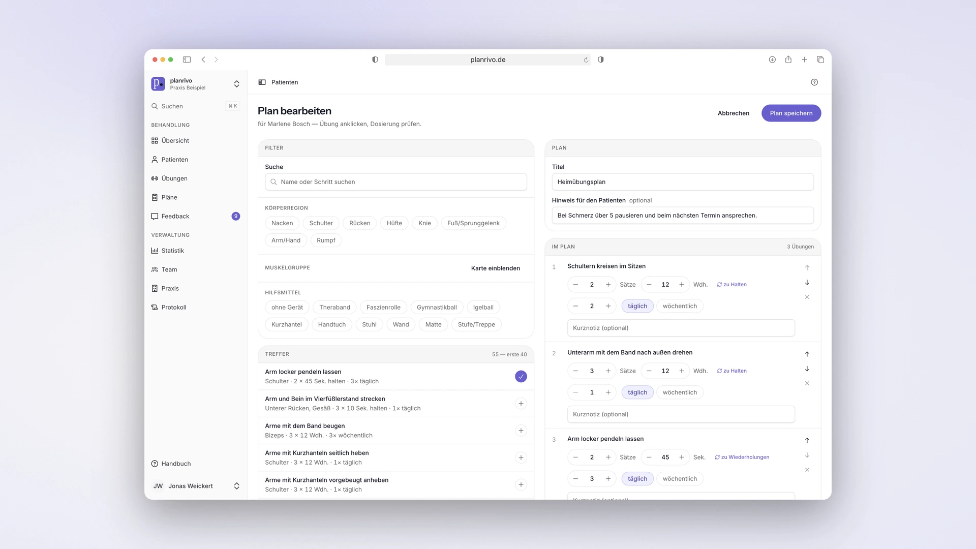 planrivo - Desktop Plan Builder with Filters, Exercise Picker and Dosage Steppers
