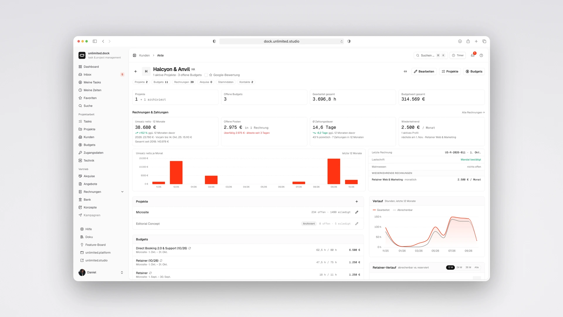 unlimited.dock - Client File with Revenue, Open Items, Payment Behaviour, Direct Debit Mandate and Hours