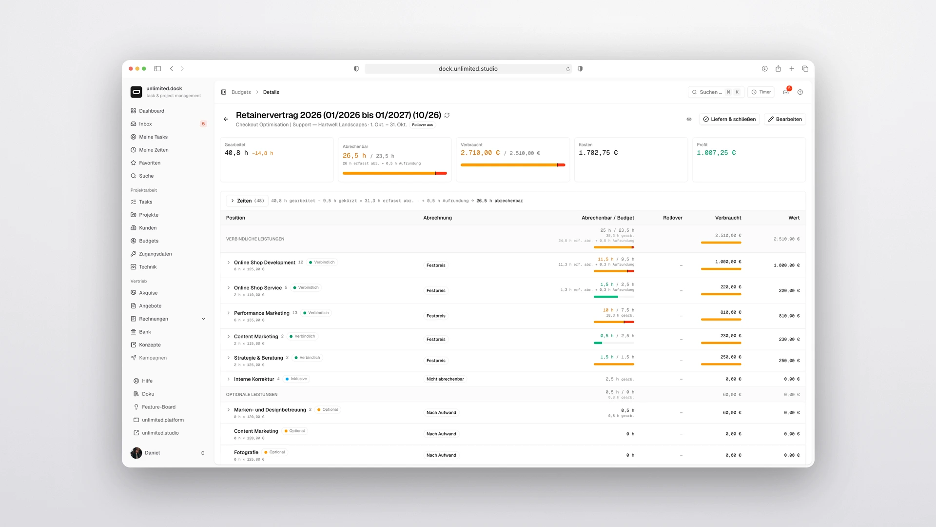 unlimited.dock - Budget Detail with Plan Against Actual per Position, Section and Total