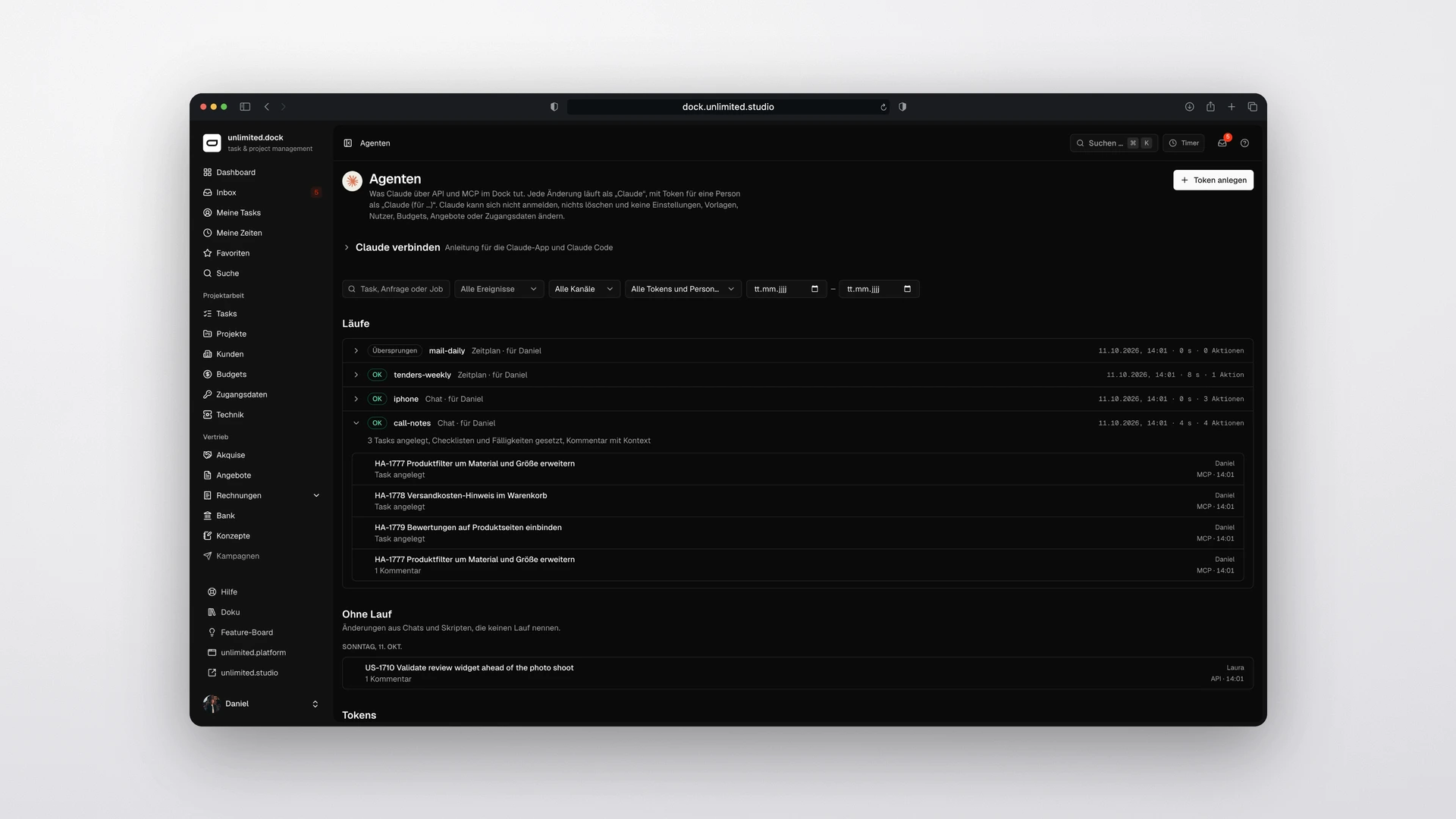 unlimited.dock - Agents Page with Claude Runs and Every Write per Run