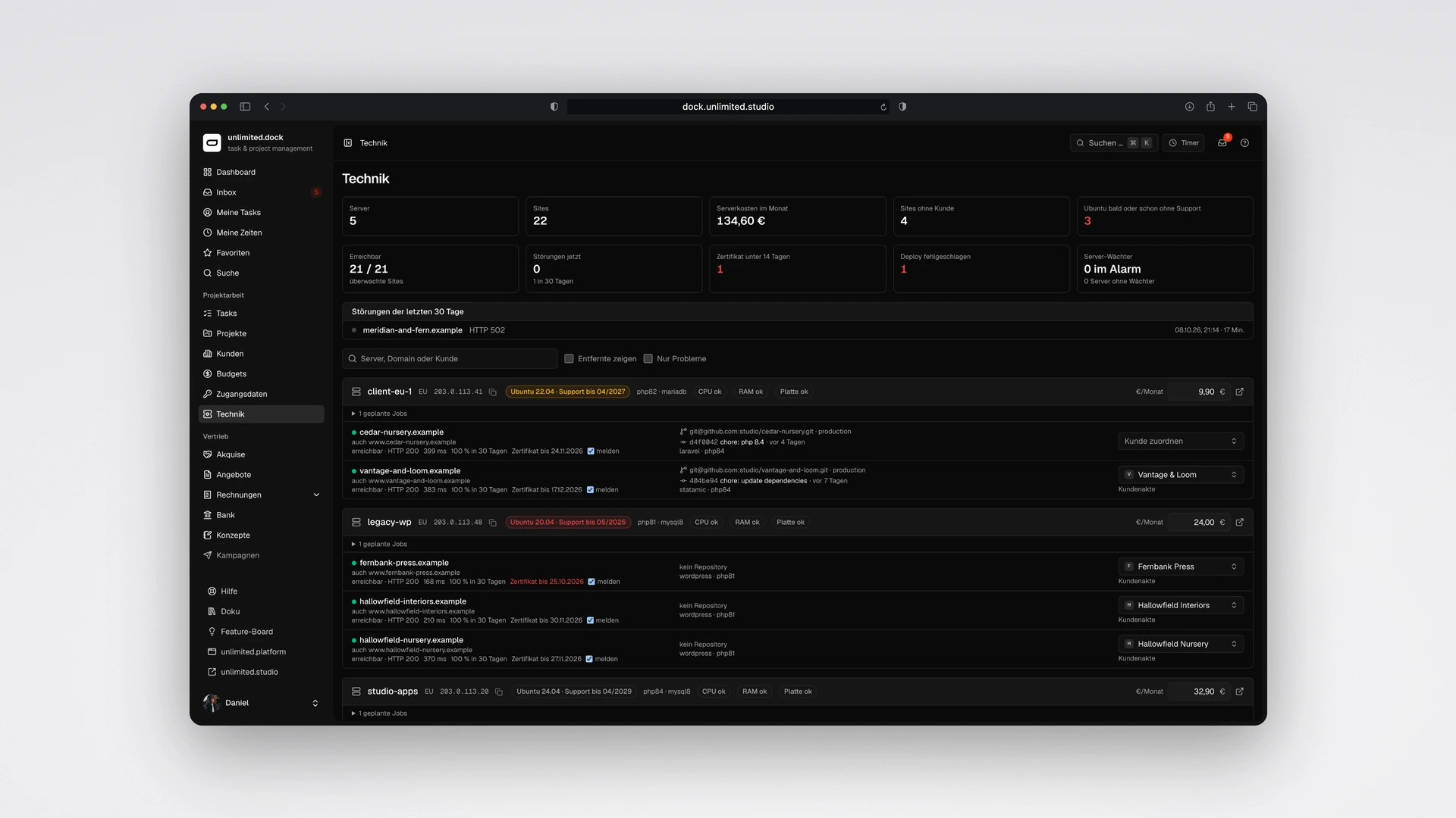 unlimited.dock - Technik: Reachability, Incidents, Failed Deploys and the Live Version of Every Site