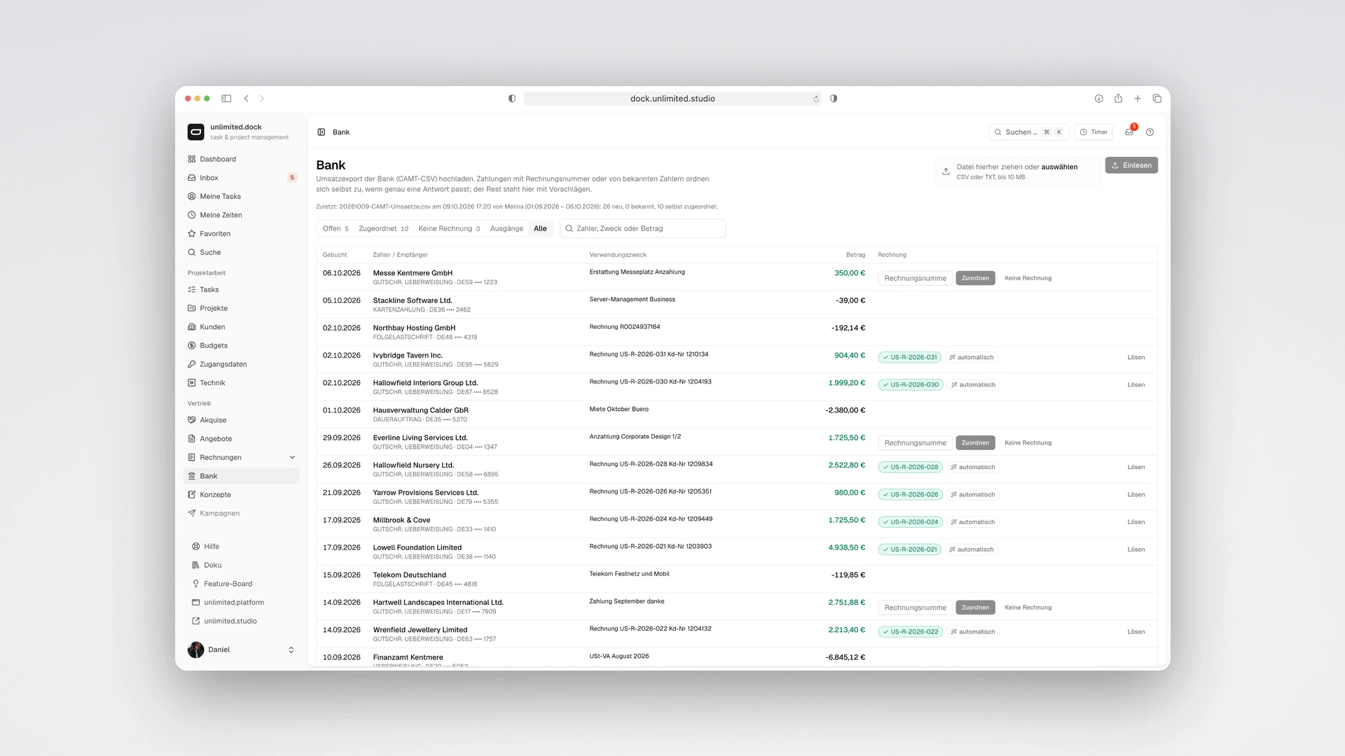 unlimited.dock - Bank Import with Automatically Matched Payments