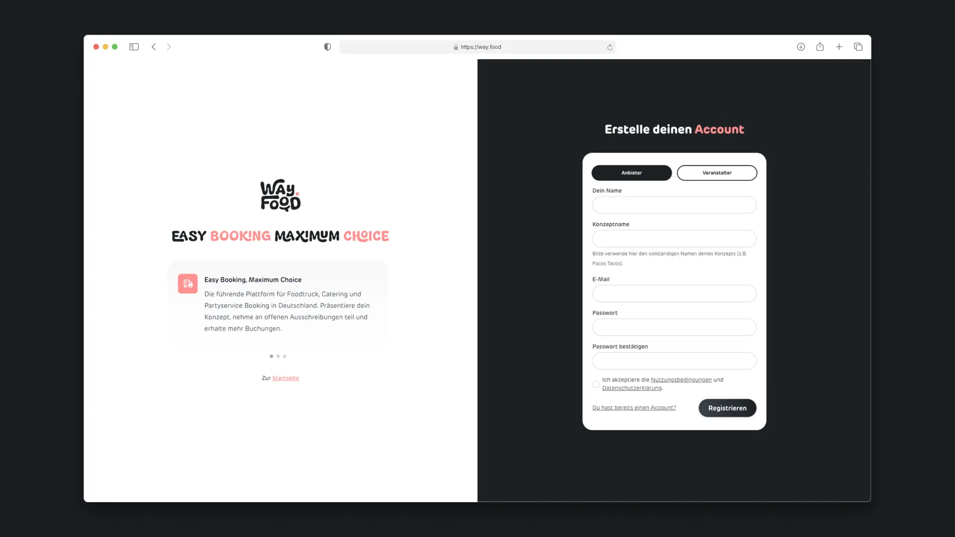 way.food - Desktop Profile Signup Page
