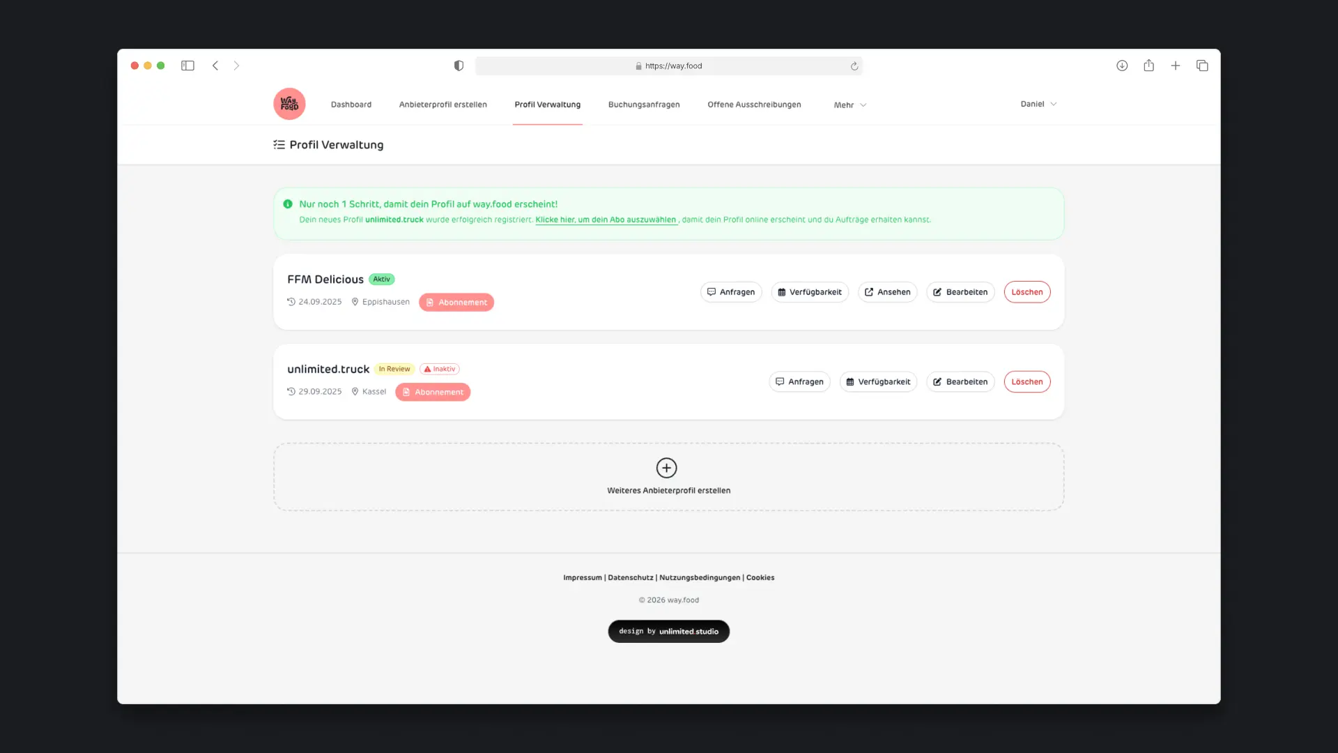 way.food - Desktop Provider Profile Management Dashboard