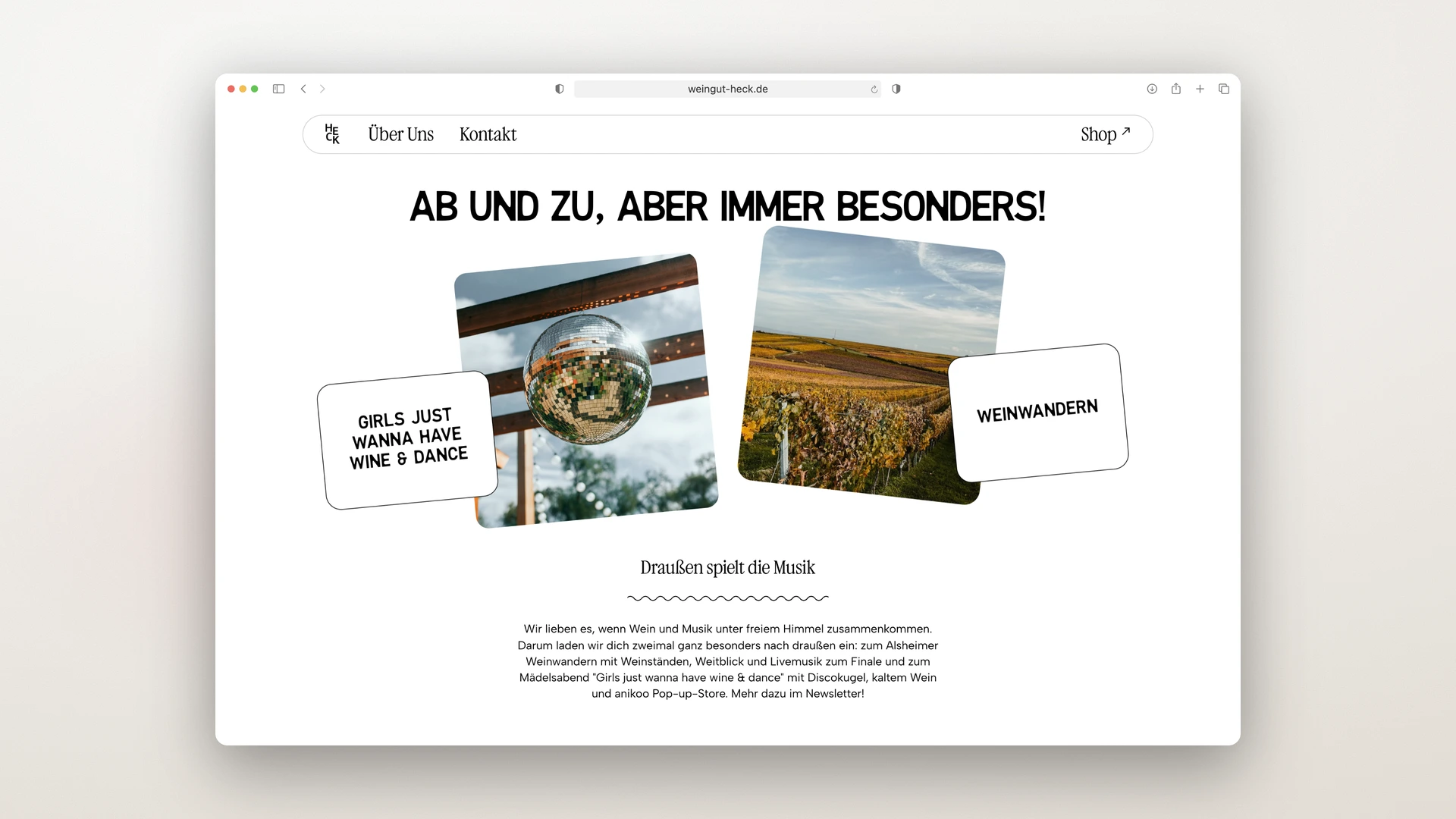 Weingut Heck - Desktop Events Section with Polaroid Cards