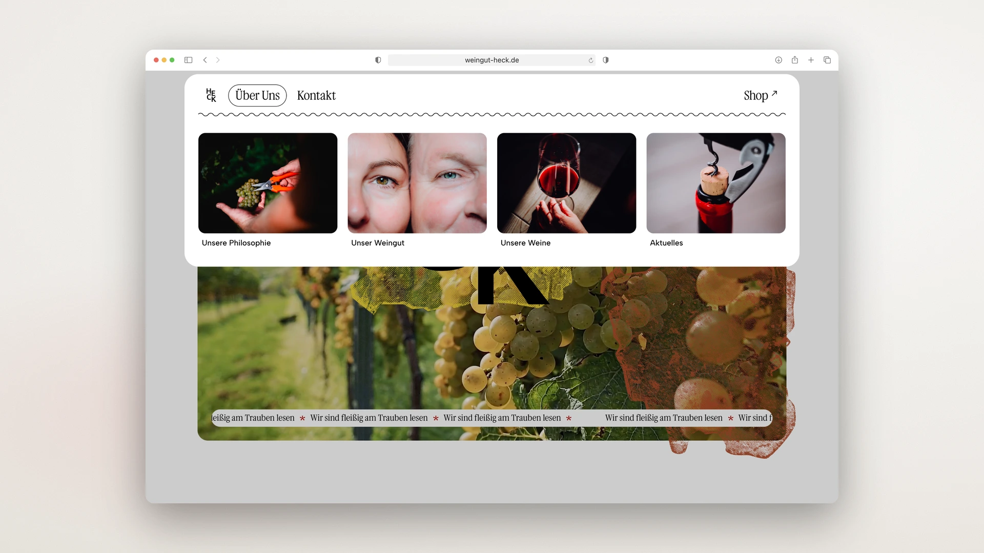 Weingut Heck - Desktop Menu with Photo Cards for the Subpages