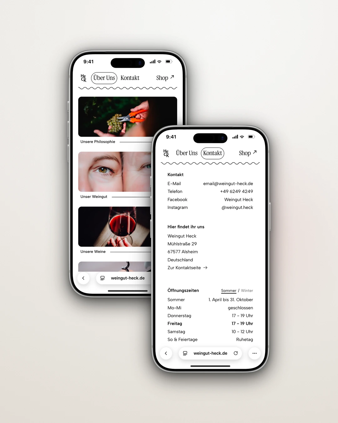 Weingut Heck - Mobile Menu and Contact Panel with Opening Hours