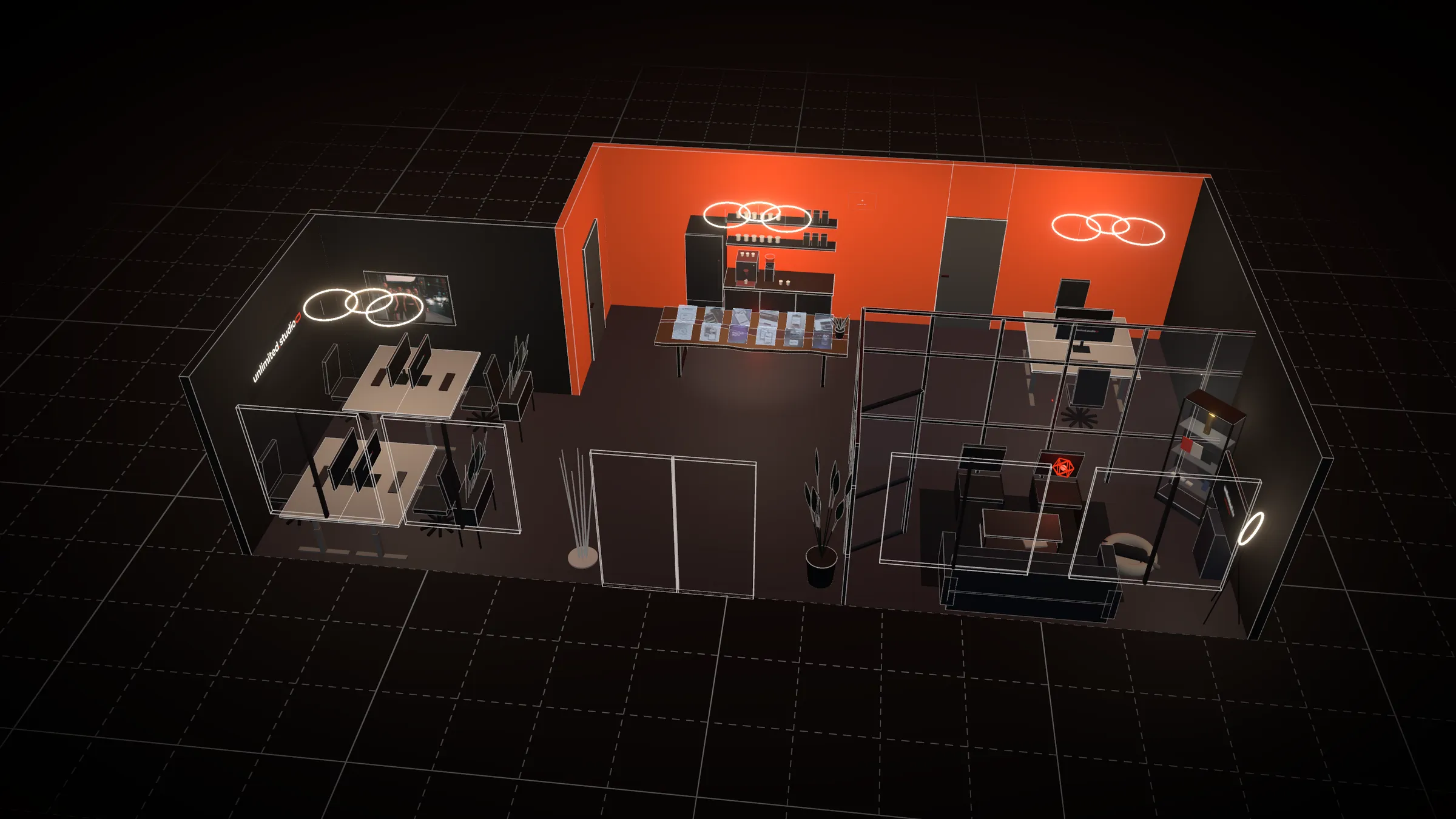 The unlimited.studio office as a 3D model from above: orange wall with kitchenette, resin table with case study holograms, desks and meeting room.